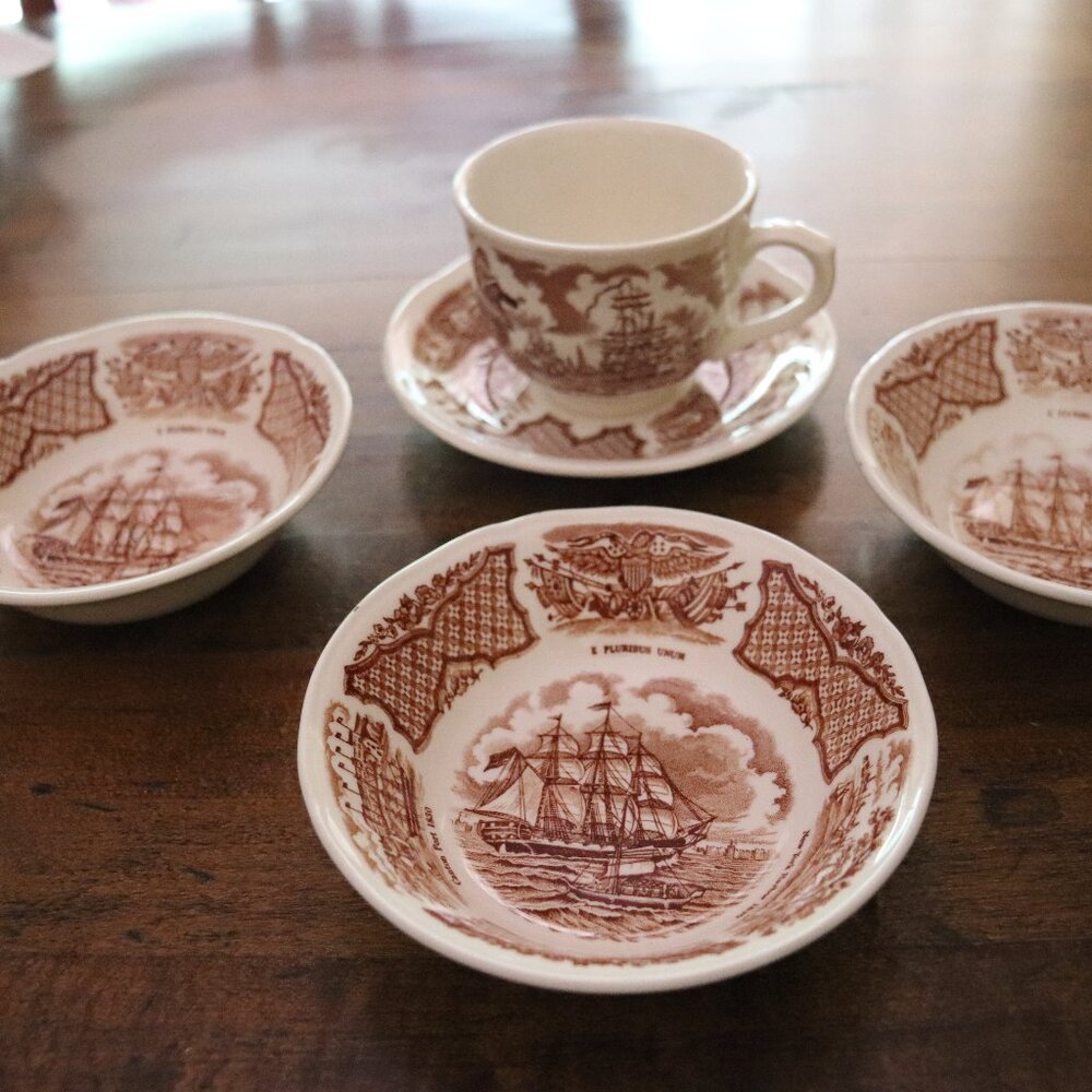Fair Winds Staffordshire BROWN  teacup and three small bowls